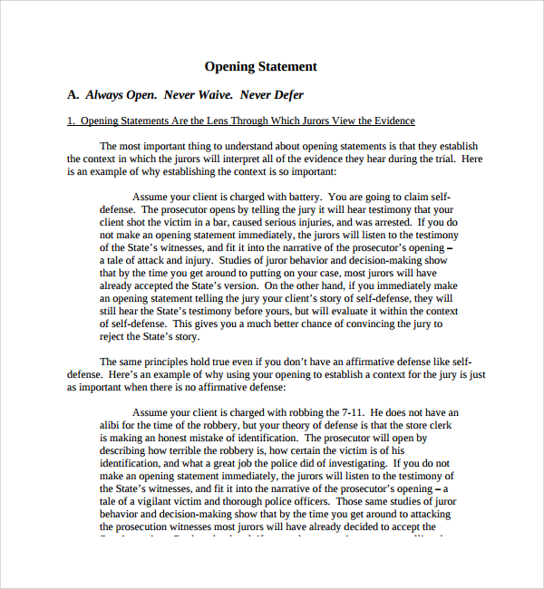 Sample Opening Statement Template 9+ Free Documents in PDF, Word