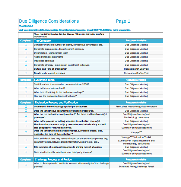 Sample Due Diligence Checklist Template 9+ Free Documents in PDF, Word