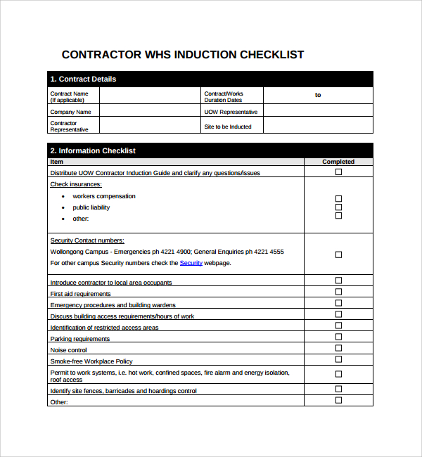 Induction Checklist Template Word