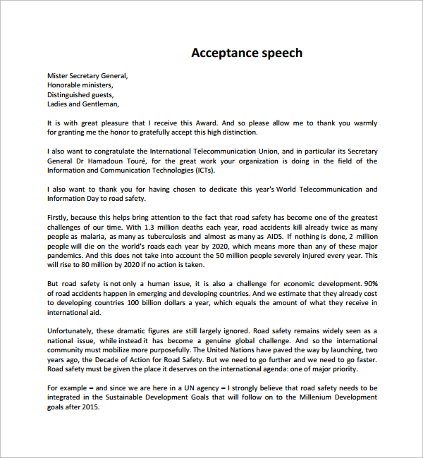 Sample Acceptance Speech Example Template  9+ Free Documents in PDF