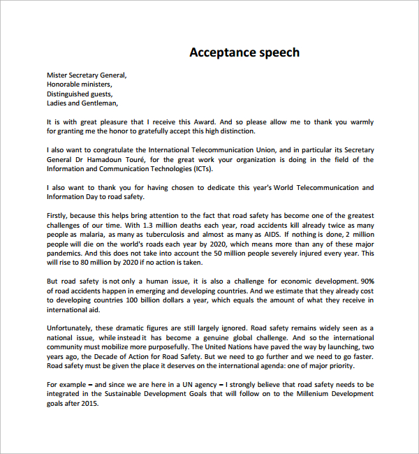 Sample Acceptance Speech Example Template 9 Free Documents In Pdf 