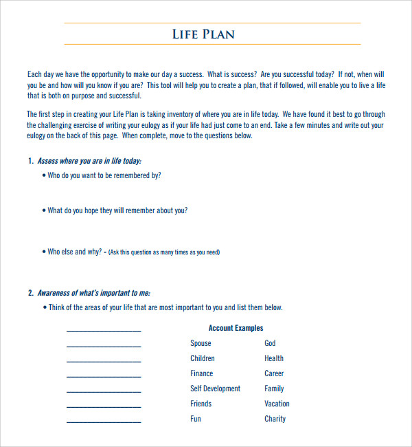 Sample Life Plan Template 9  Free Documents in PDF