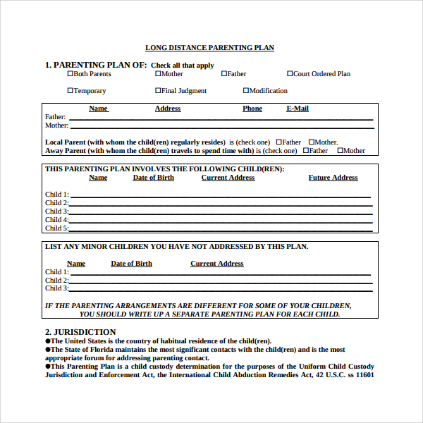 Long Distance Parenting Plan Template%EF%BB%BF