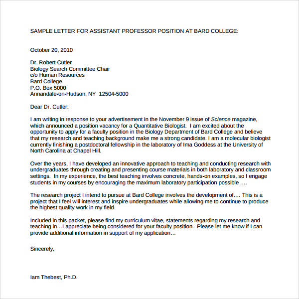 sample faculty position cover letter 7 free documents