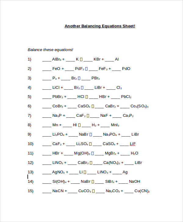 introduction to balancing equations worksheet