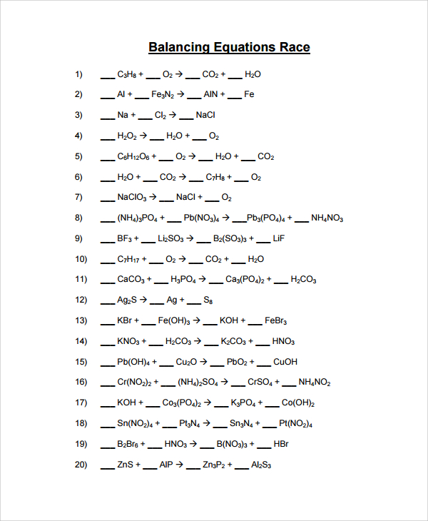 Sample Balancing Equations Worksheet Templates - 9+ Free Documents