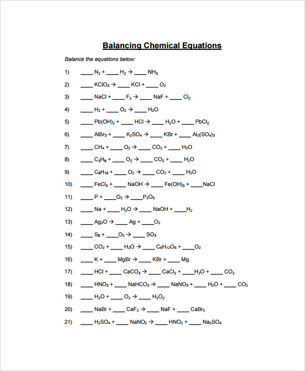 Sample Balancing Equations Worksheet Templates 9 Free Documents Download In PDF Word