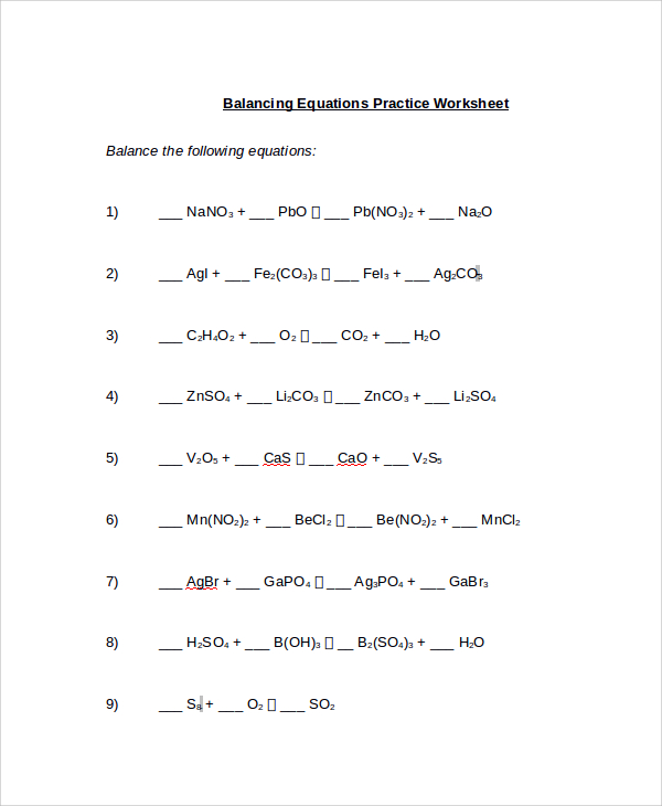 Balancing Equations Example Worksheet