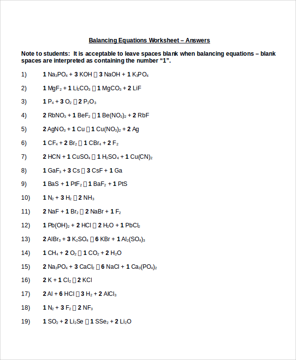 Sample Balancing Equations Worksheet Templates - 9+ Free Documents