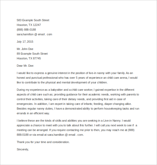 Sample Nanny Cover Letter Free Documents In Word PDF