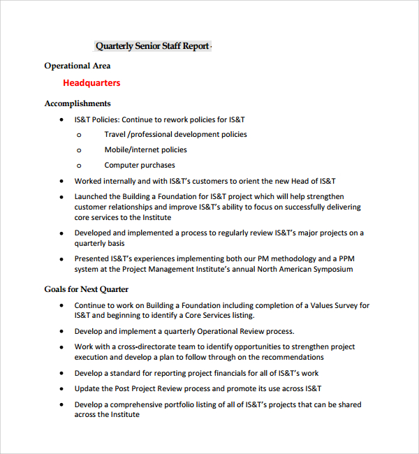 Sample Project Quarterly Report Template 8  Free Documents in PDF