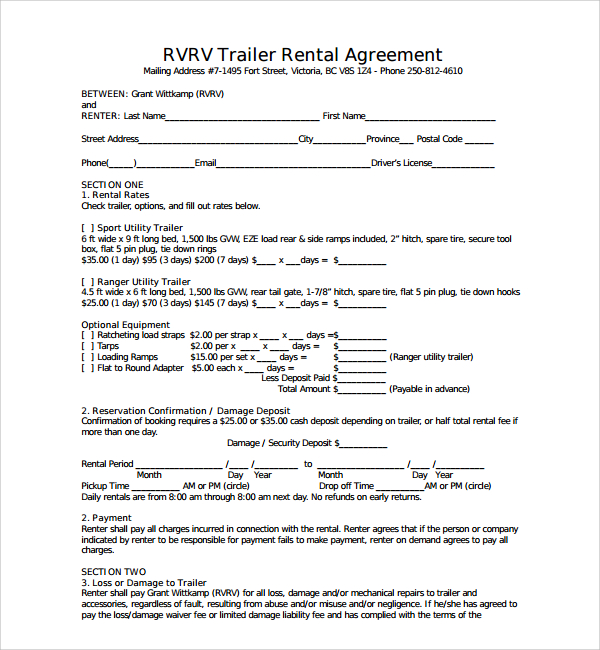 Sample Trailer Rental Agreement Template 7+ Free