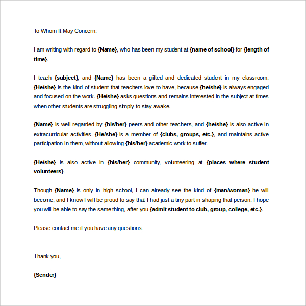 Example Of Student Reference Letter