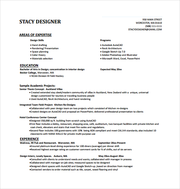 Resume of an interior designer
