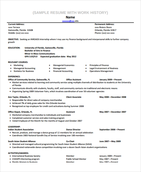 Work History Resume Examples