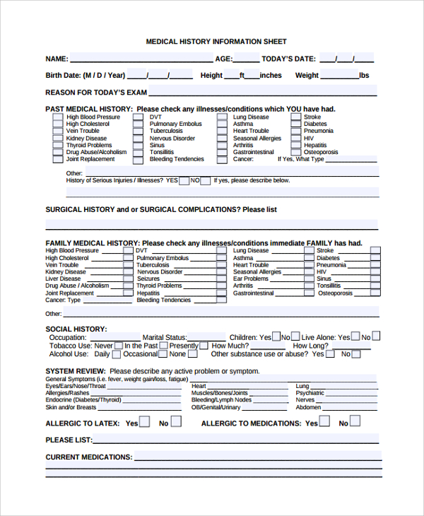 Free Sample Medical History Templates In Pdf Ms Word