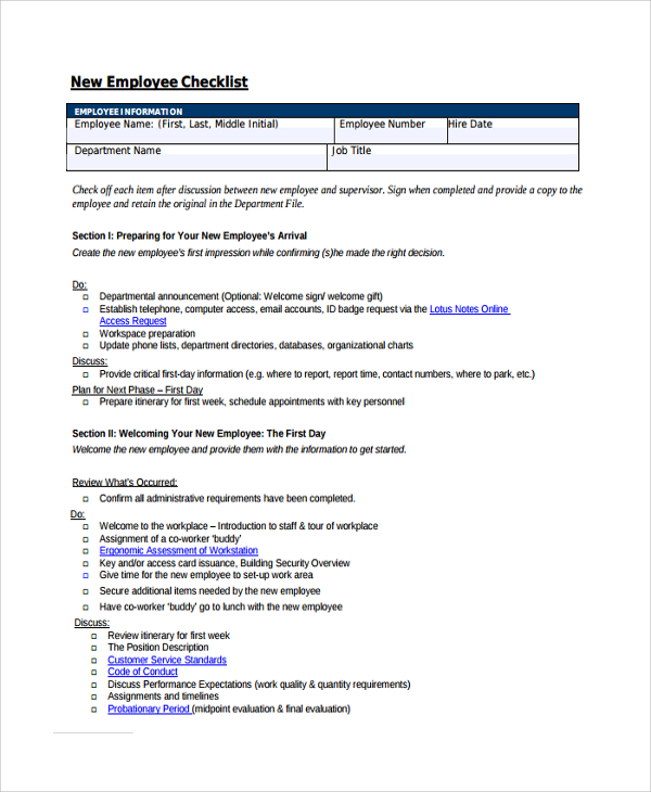 Sample New Employee Checklist Template 9 Free Documents