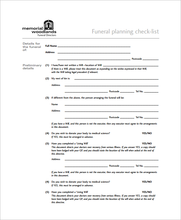 Sample Funeral Checklist Template 7+ Free Documents Download in PDF