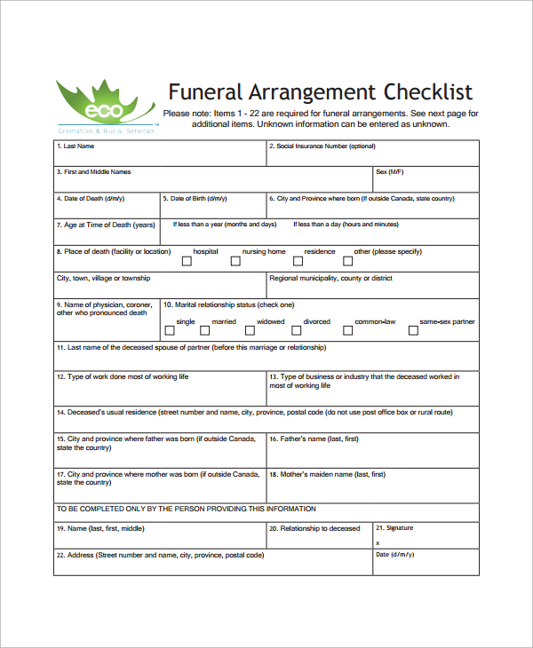 Printable Funeral Planning Checklist Pdf Fill Online Printable Fillable Blank Pdffiller Images 9421