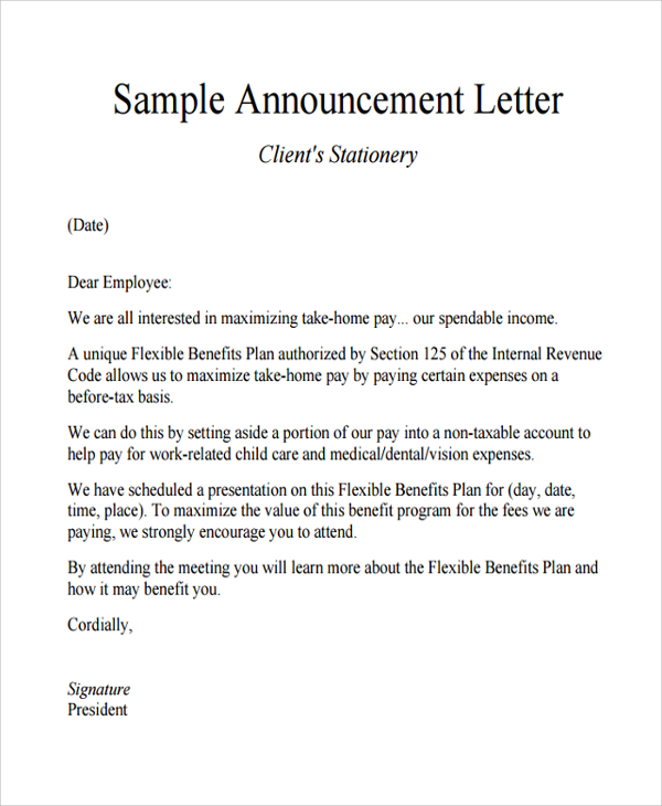 Sample Announcement Letter Template 9+ Free Documents Download in PDF