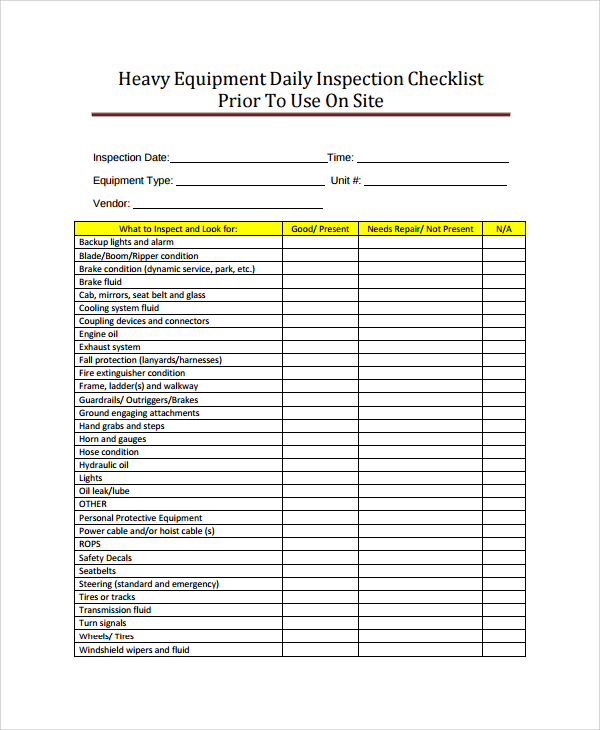 Printable Harness Inspection Sheet 9163