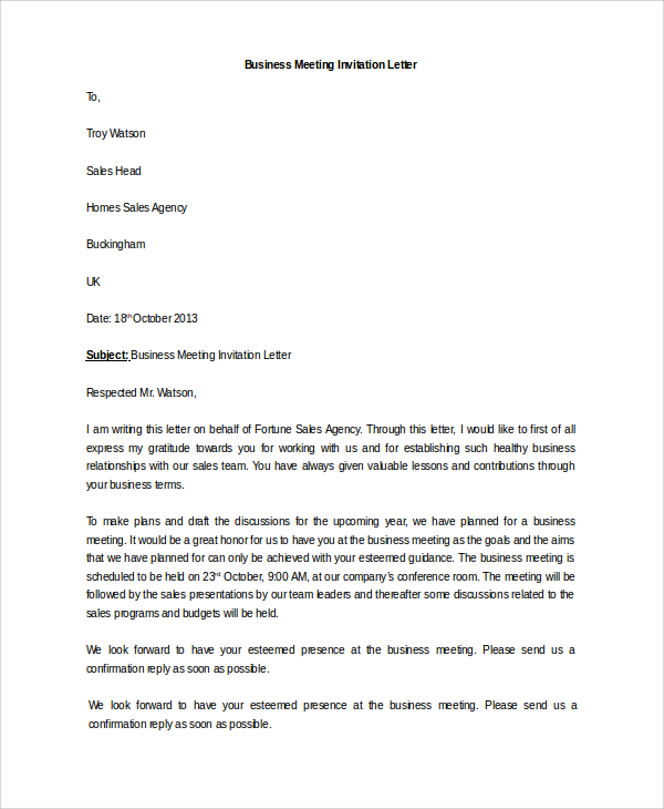 Sample Business Meeting Invitation Letter - 8+ Free Documents Download