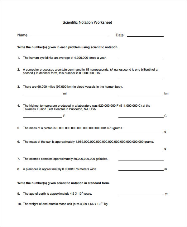 Sample Scientific Notation Worksheet - 9+ Free Documents Download in