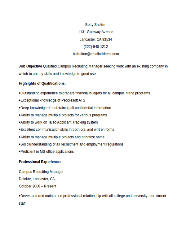 sample recruiting manager resume template 6 free