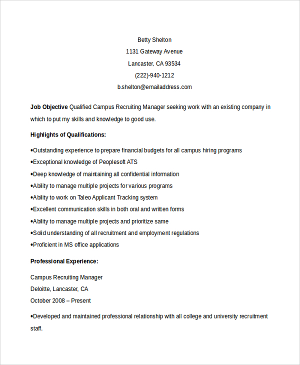 Sample Recruiting Manager Resume Template 6+ Free Documents Download