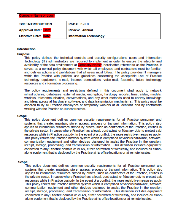 Credit Card Security Policy Template