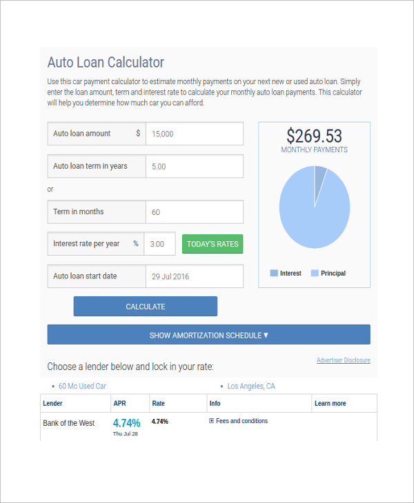 Sample Car Loan Calculator Template 8 Free Documents Download In PDF 