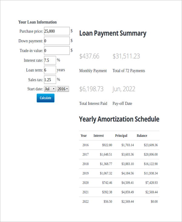 execter auto loan calc