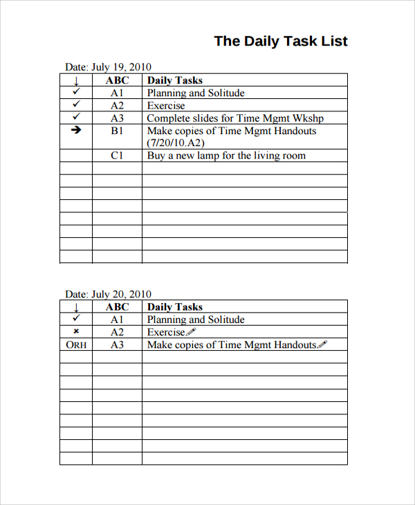 Sample Daily Task Template - 7+ Free Documents Download in PDF