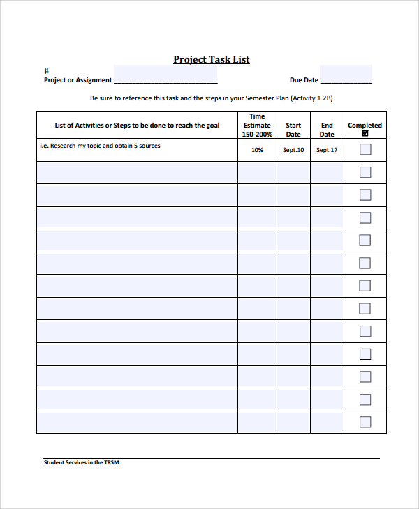 Sample Project Task List Templates 7  Free Documents Download in PDF