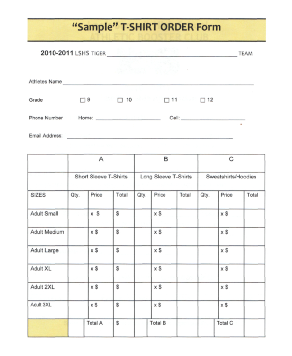 Sample T Shirt Order Form Template Doctemplates