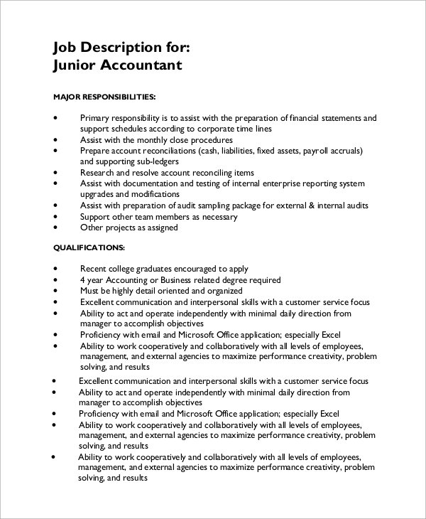 Job description of anal yst accountant