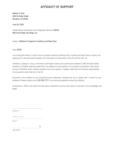 Free Sample Affidavit Of Support Letter Templates In Pdf Ms Word