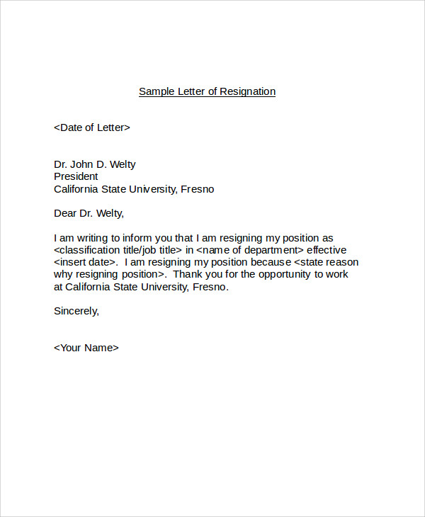 Free Sample Resignation Letter Templates In Ms Word