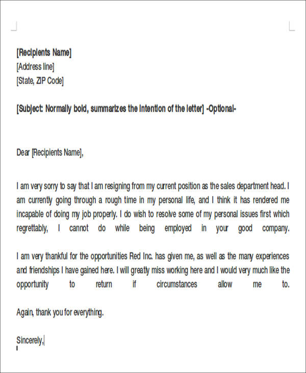 Resignation Letter Personal Reasons