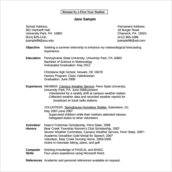 Sample Resume Template for Students in University - 9+ Free Documents ...