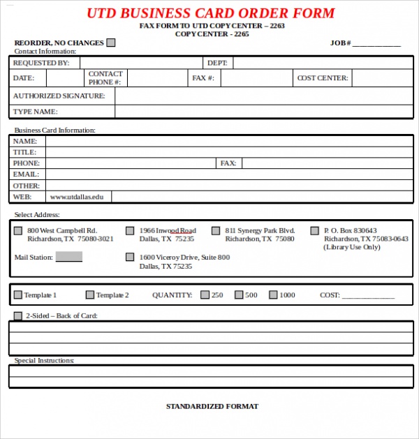 business card order form template