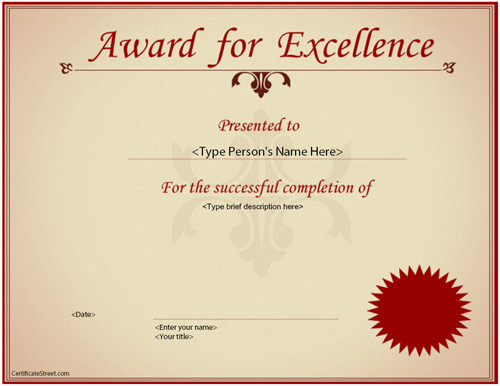 excellence award certificate