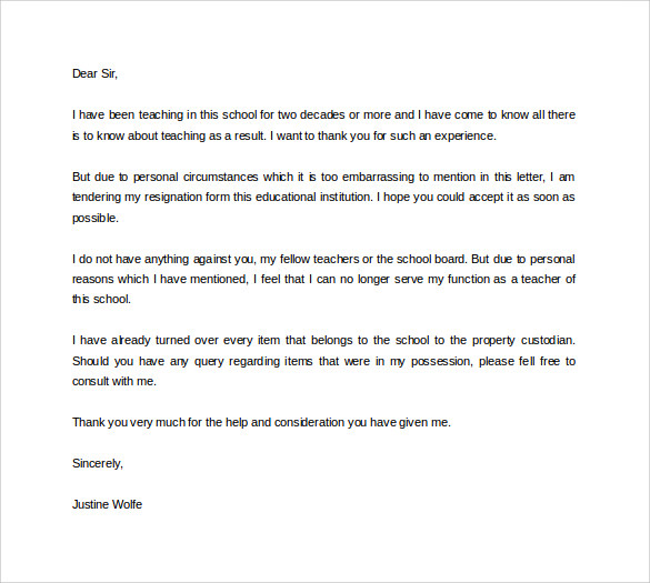 download formal teacher resignation letter