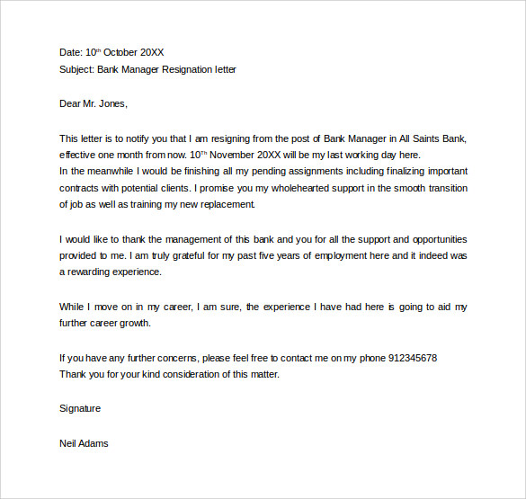 formal bank manager resignation letter