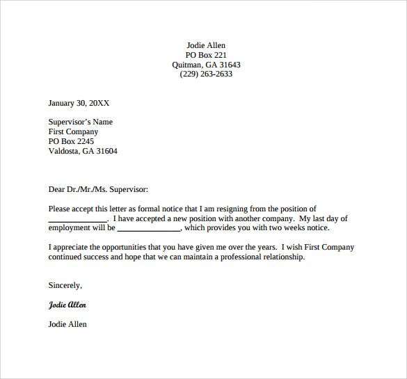 formal resignation letter for free