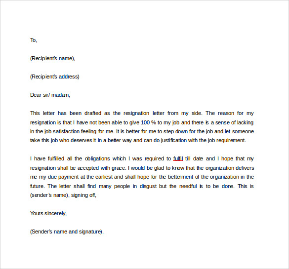 formal resignation letter to download in word