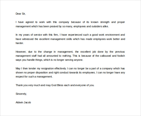 professional formal resignation letter