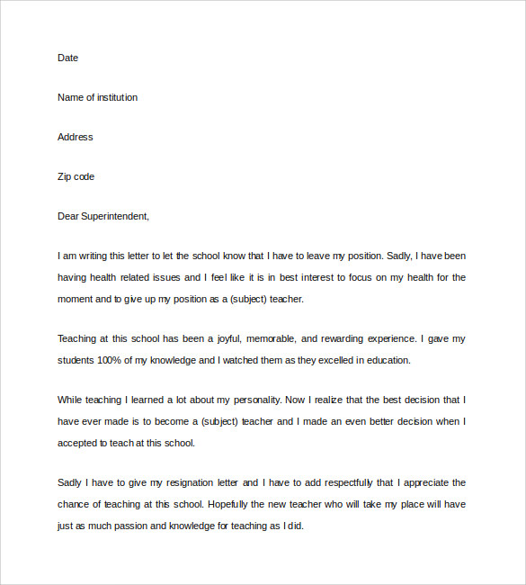 teacher resignation letter word