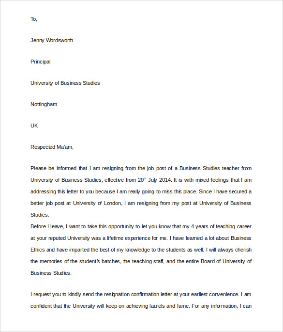 school teacher resignation letter