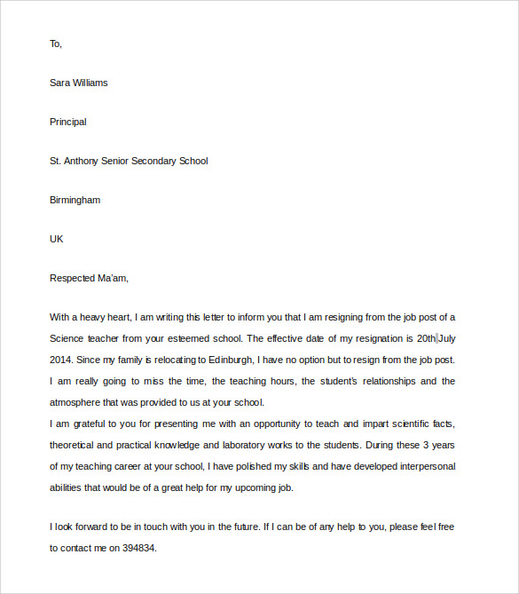 Free 10 Teacher Resignation Letter Templates In Ms Word Apple Pages Google Docs Pdf